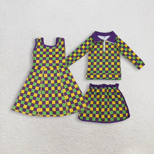 Sibling Baby Girls Kids Mardi Gras Checked Yoga Active Shorts Dress Set RTS