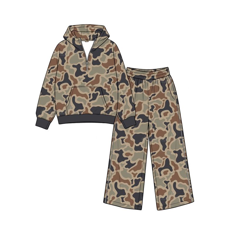 ( Moq 5 ) Preorder Baby Girls Kids Hoodie Zipper Pullover Pockets Pants Camo Set Clothes