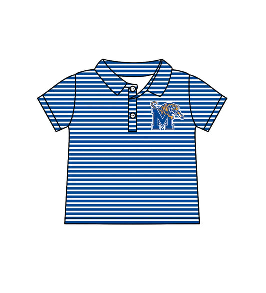 ( Moq 5 ) Baby Boys Short Sleeves Blue Stripes Tiger Team Buttons Shirt Tops