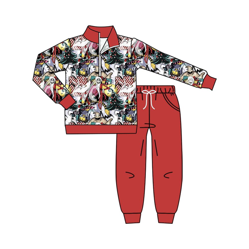 ( Moq 5 ) Preorder Baby Boy Kids Long Sleeves Cartoon Zipper Shirt Red Pockets Pants Christmas Set Clothes