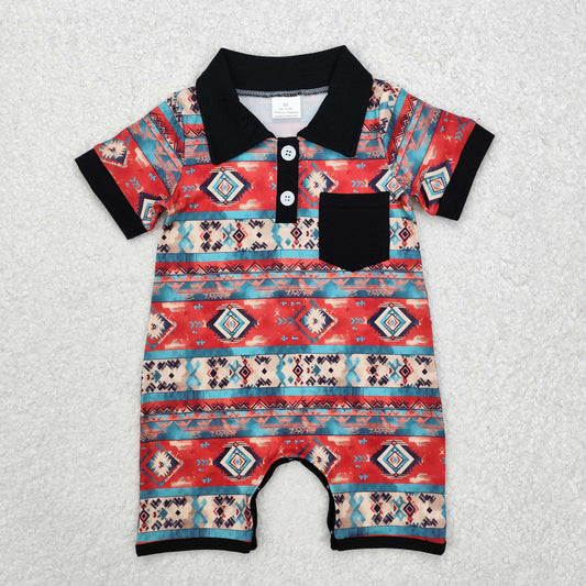 Baby Boy Infant Short Sleeves Western Aztec Black Pocket Romper