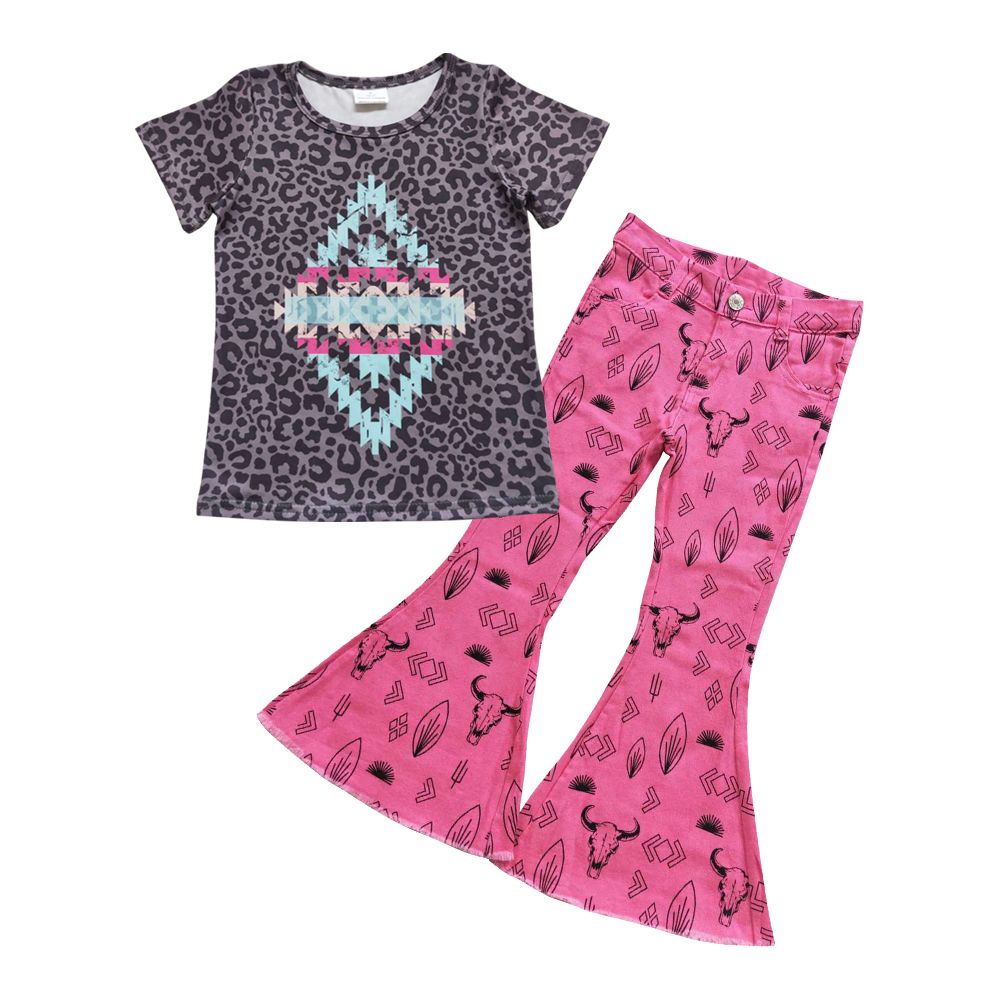 GSPO0824 Baby Girl Aztec Leopard Shirt Western Cow Cactus Pink Denim Pants Jeans Outfit
