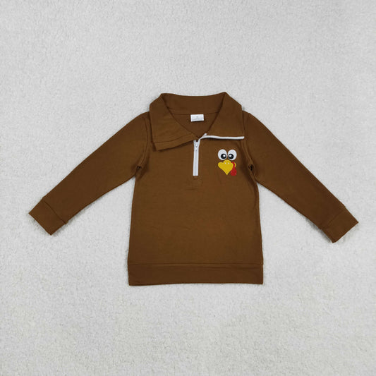 Baby Boy Brown Long Sleeves Zipper Embroidery turkey Thanksgiving Shirt Tops RTS