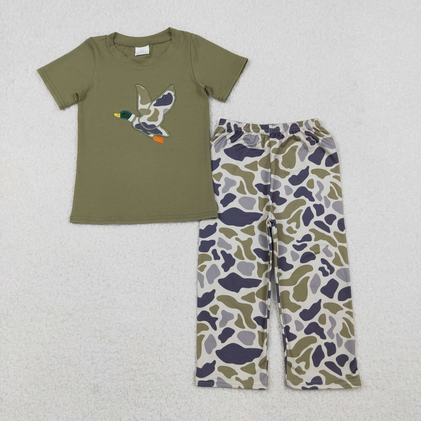 Boys Kids Short Sleeves Embroidery Duck Green Shirt Camo Pants Clothes Hunting Set RTS