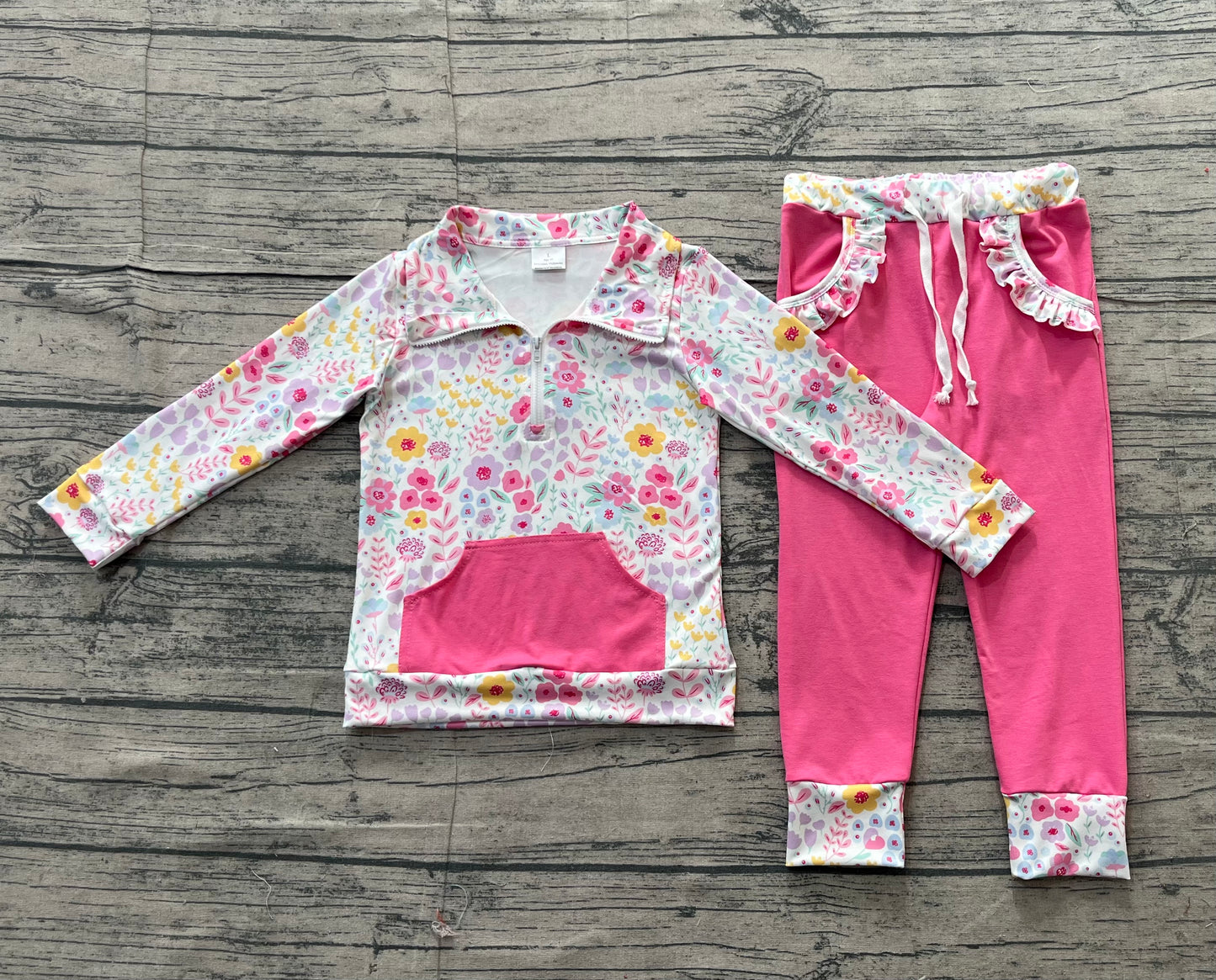 Baby Girls Flower Long Sleeves Zipper Shirt Ruffle Pockets Pink Pants Set RTS