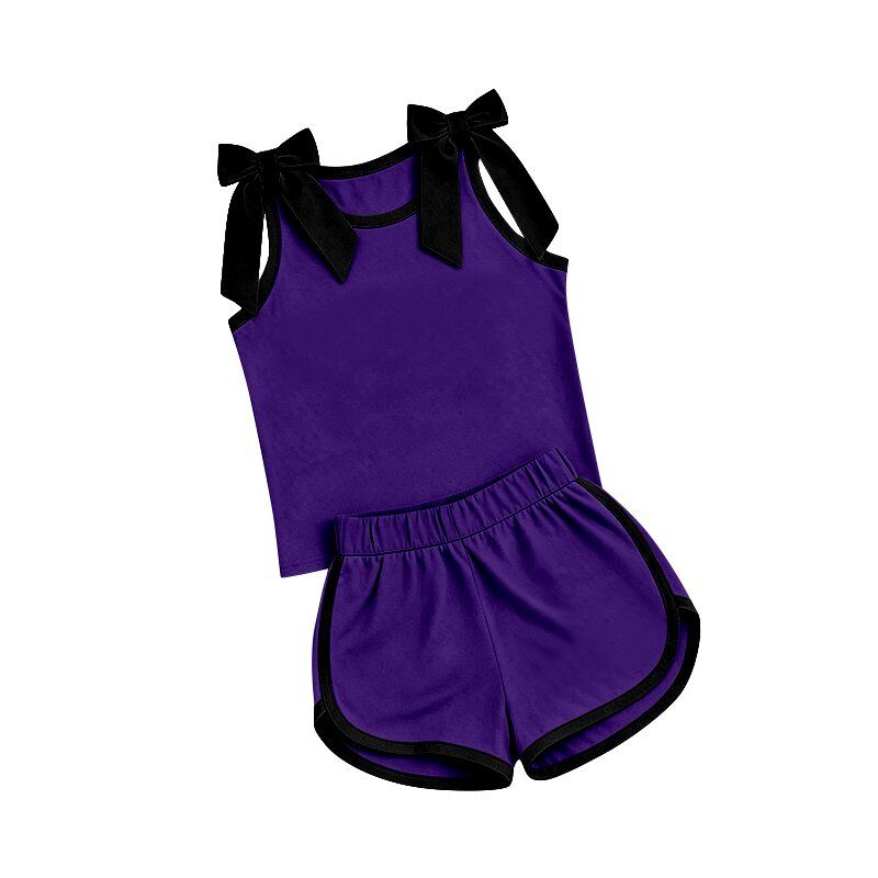 ( Moq 5 ) Preorder Baby Girls Kids Sleeveless Black Bows Shirt Shorts Purple Set Summer Clothes
