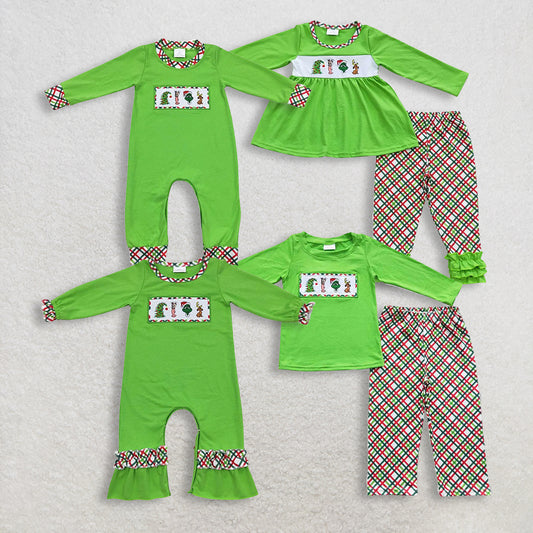 Sibling Boys Girls Long Sleeves Embroidery Green Face Christmas Romper Set Clothes RTS