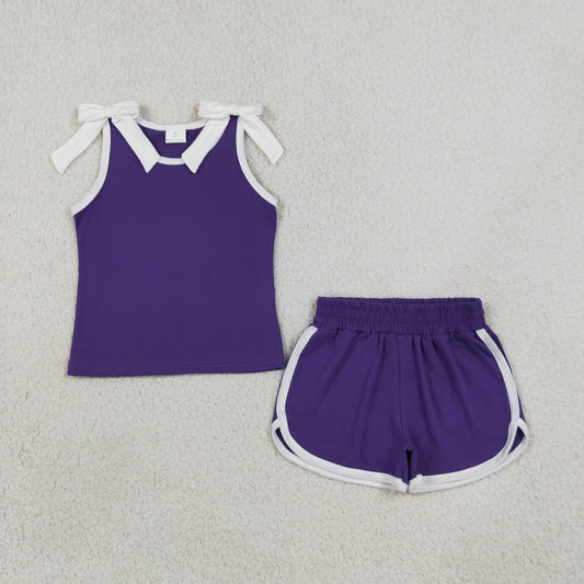 Baby Girls Kids White Trim Sleeveless Bows Shirt Shorts Purple Set Summer Clothes RTS