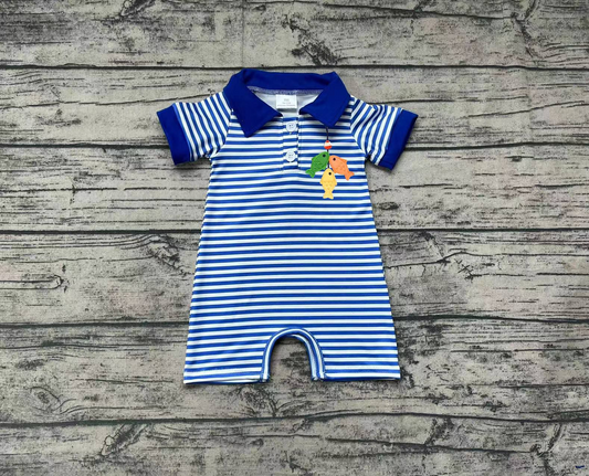Baby Boy Short Sleeves Embroidery Fishing Stripes Blue One Piece Romper
