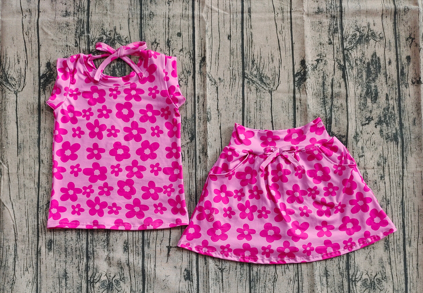 Baby Girl Sleeveless Pink Flower Tops Pockets Shorts Skirt Skort Set RTS