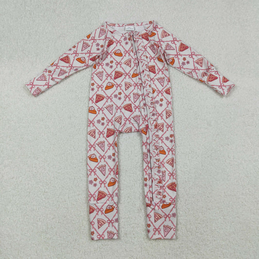 Kids Girl Long Sleeves Pumpkin Pie Bows Thanksgiving Zipper Footie Pajamas Romper RTS