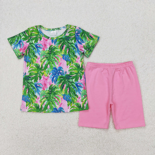 Baby Girl Short Sleeves Leaves Shirt Pink Shorts Clothes Set RTS