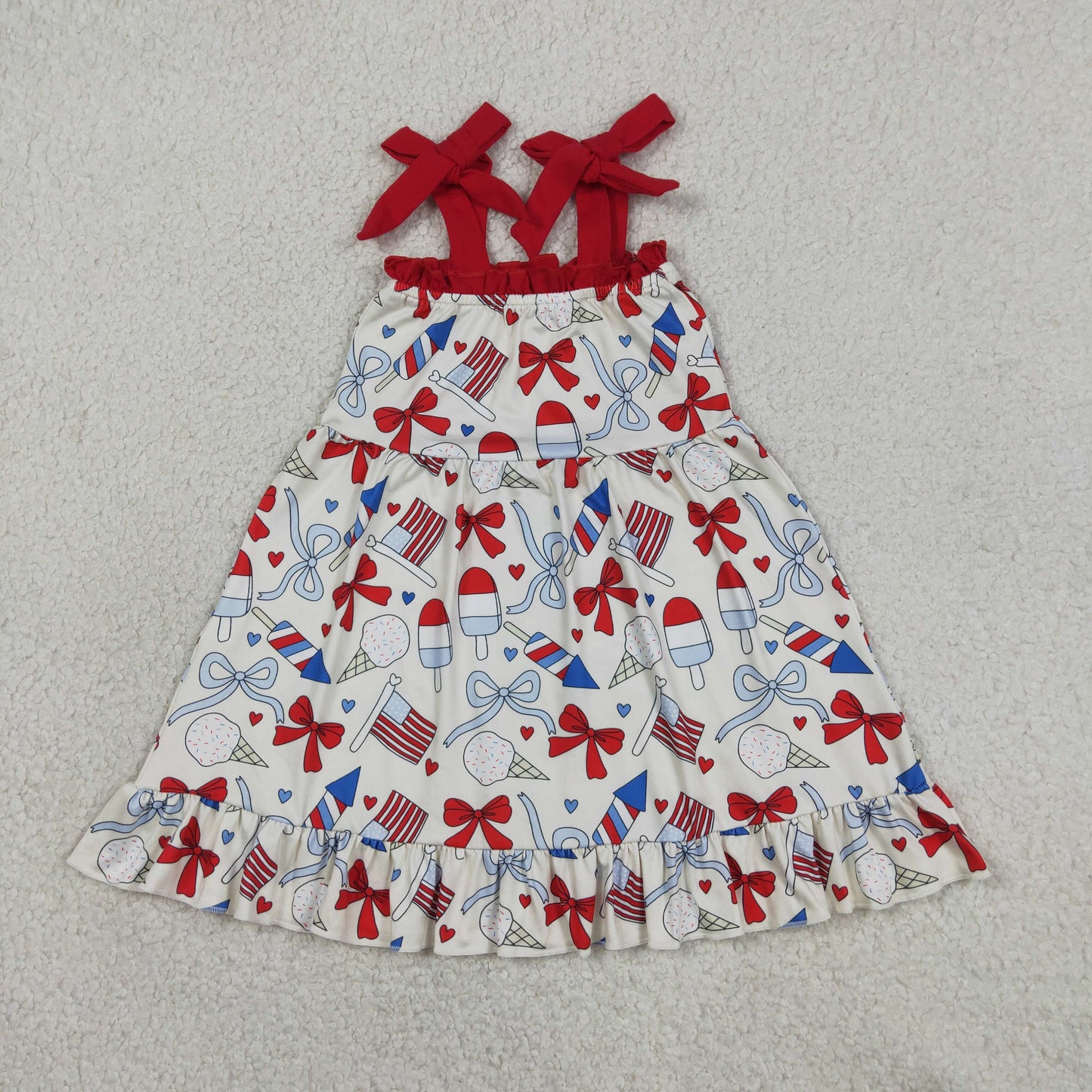 Baby Girls Kids Sleeveless Purple Bows Flags 4th of July Knee Length Dress RTS
