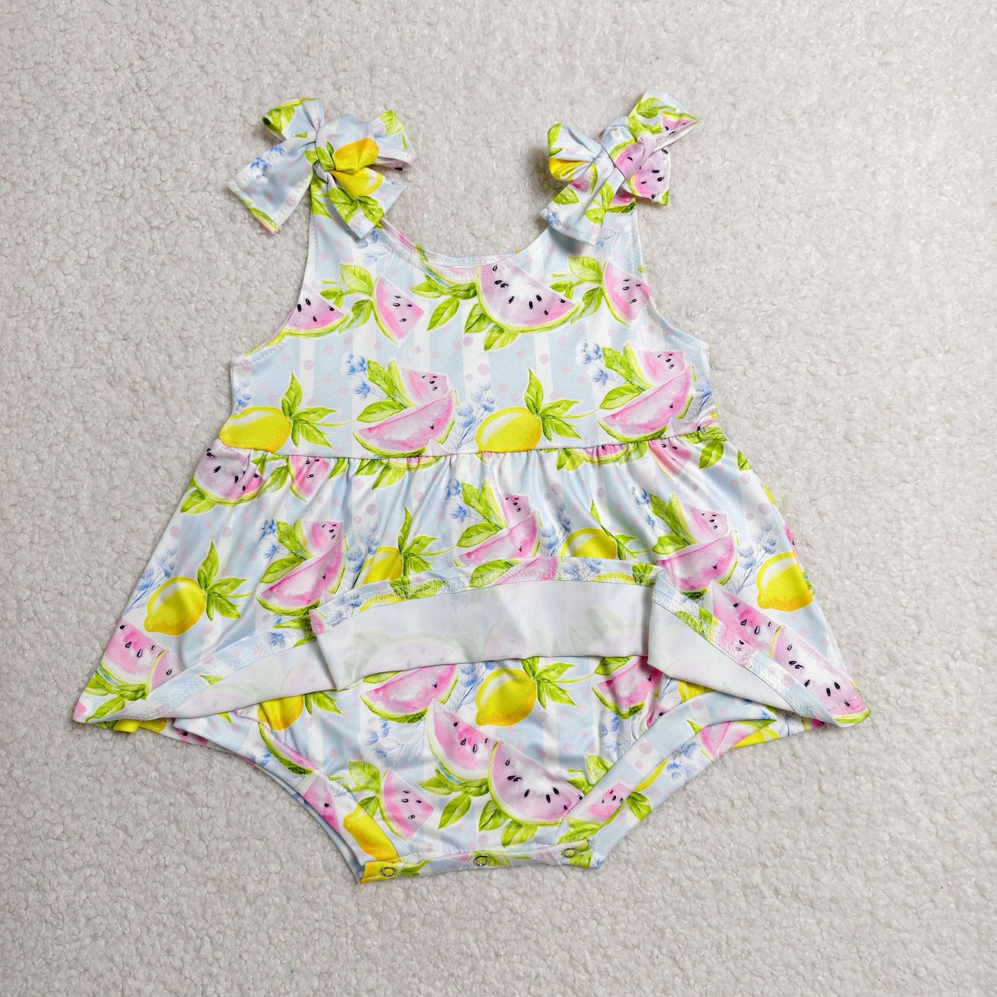 Baby Girls Infant Sleeveless Fruits Blue Stripes Summer Ruffle Romper RTS