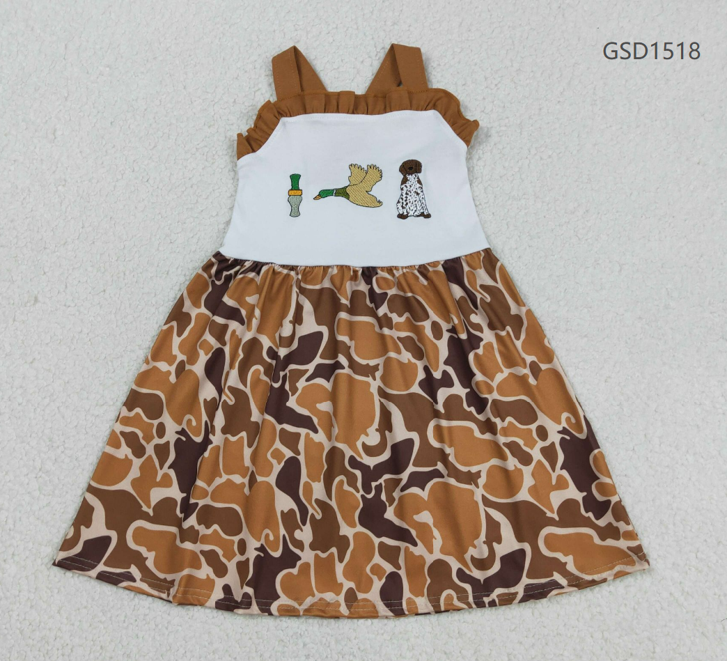 Baby Girl Sleeveless Embroidery Duck Call Dog Camo Knee Length Dress RTS