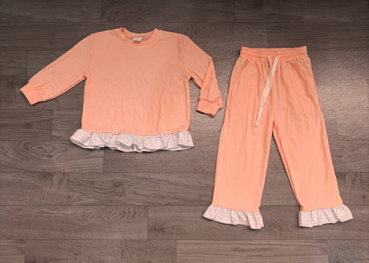 ( No moq ) Preorder Baby Girls Kids Long Sleeves Ruffle Shirt Pants Light Pink Set Cotton Clothes