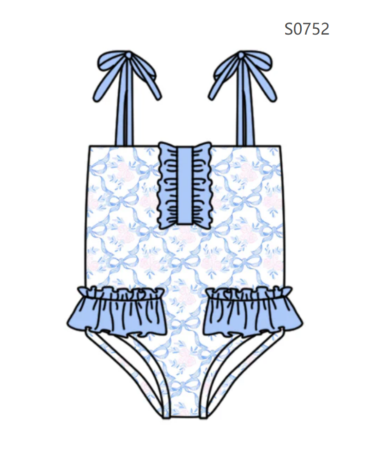 ( Moq 5 ) Preorder Baby Girls Kids Sleeveless Flower Blue Bows Summer One-piece Swimsuit