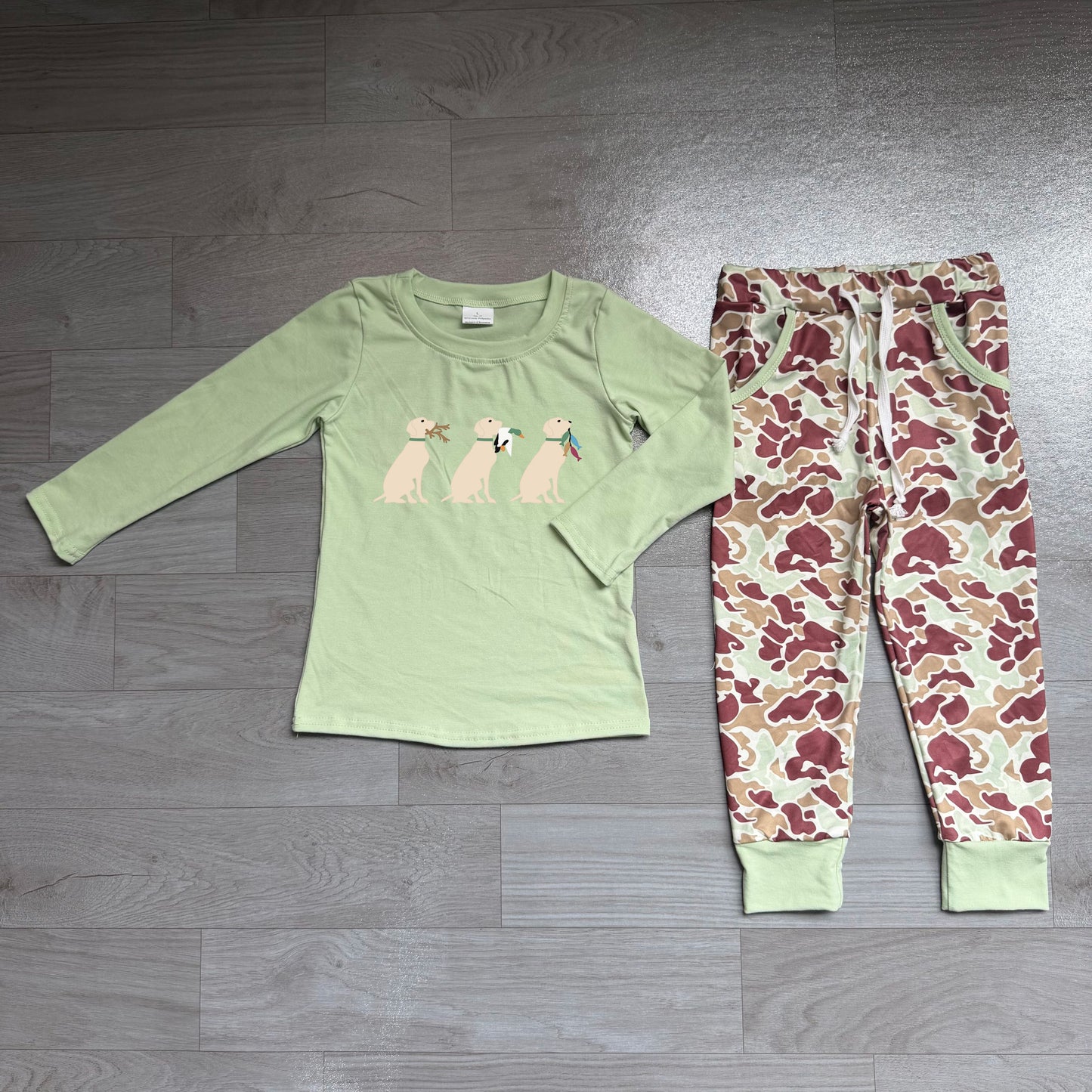( No moq ) Preorder Baby Boys Kids Embroidery Dogs Ducks Shirt Pockets Camo Pants Set Clothes