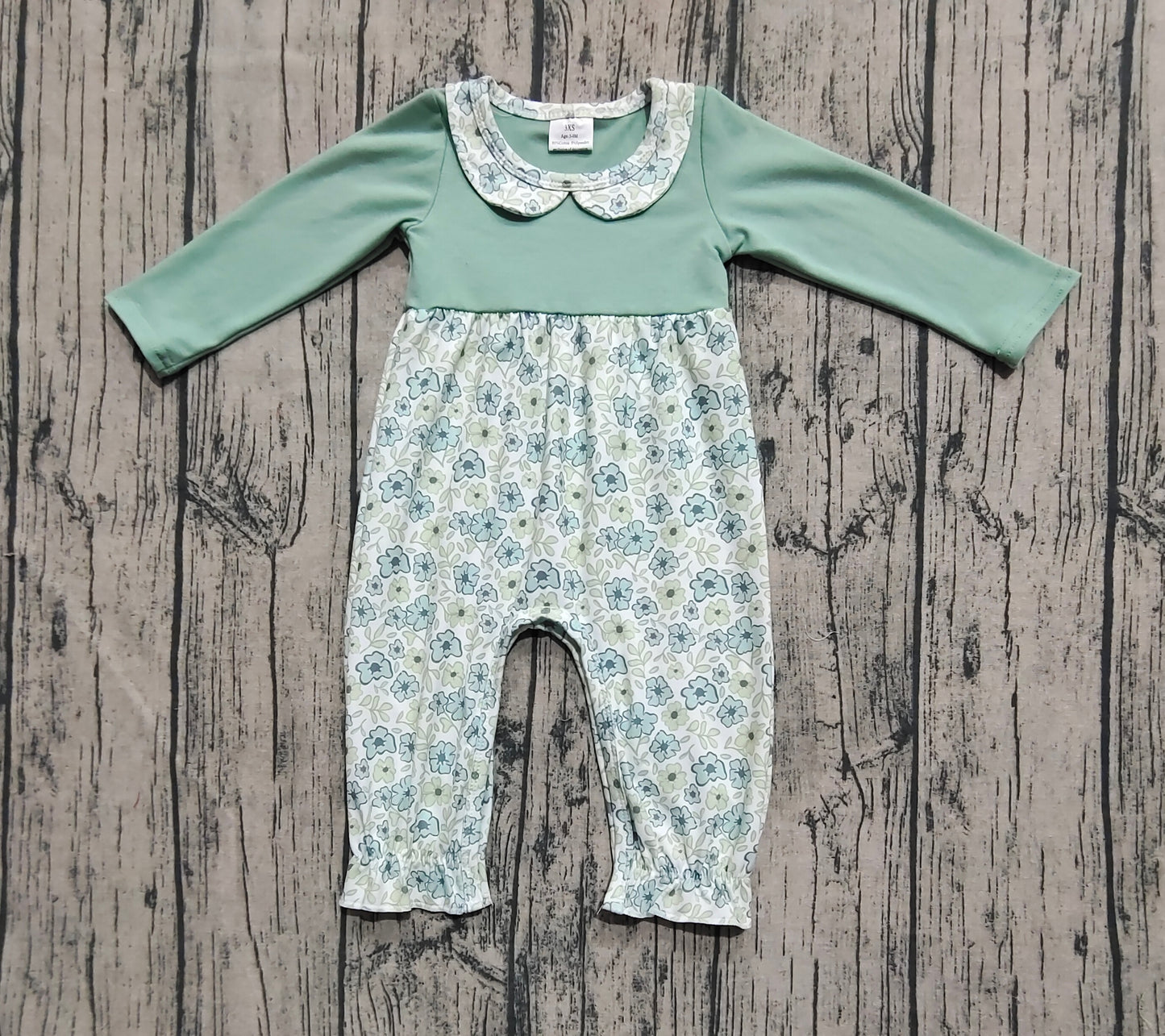 Baby Girl Green Long Sleeves Floral Ruffle Buttons Romper RTS