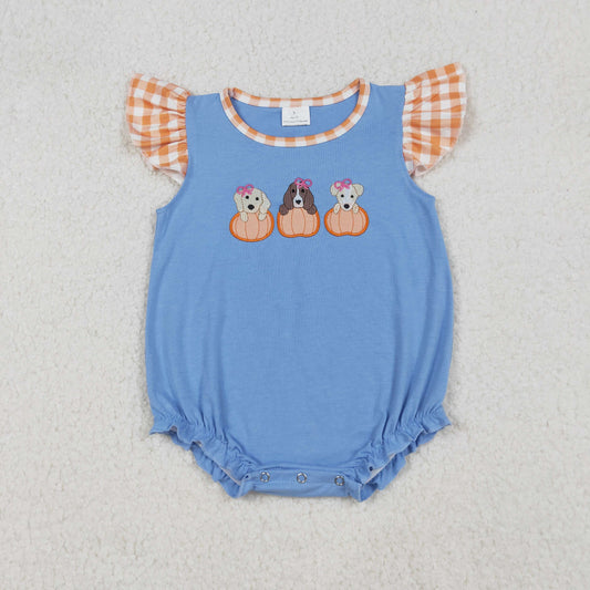 Baby Girl Short Sleeves Embroidery Dogs Pumpkins Thanksgiving Fall Romper RTS