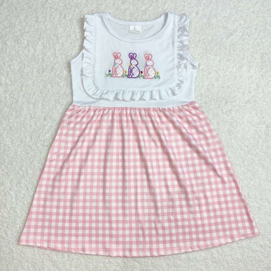Baby Girl Short Sleeves Embroidery Easter Rabbits Pink Plaid Knee Length Dress