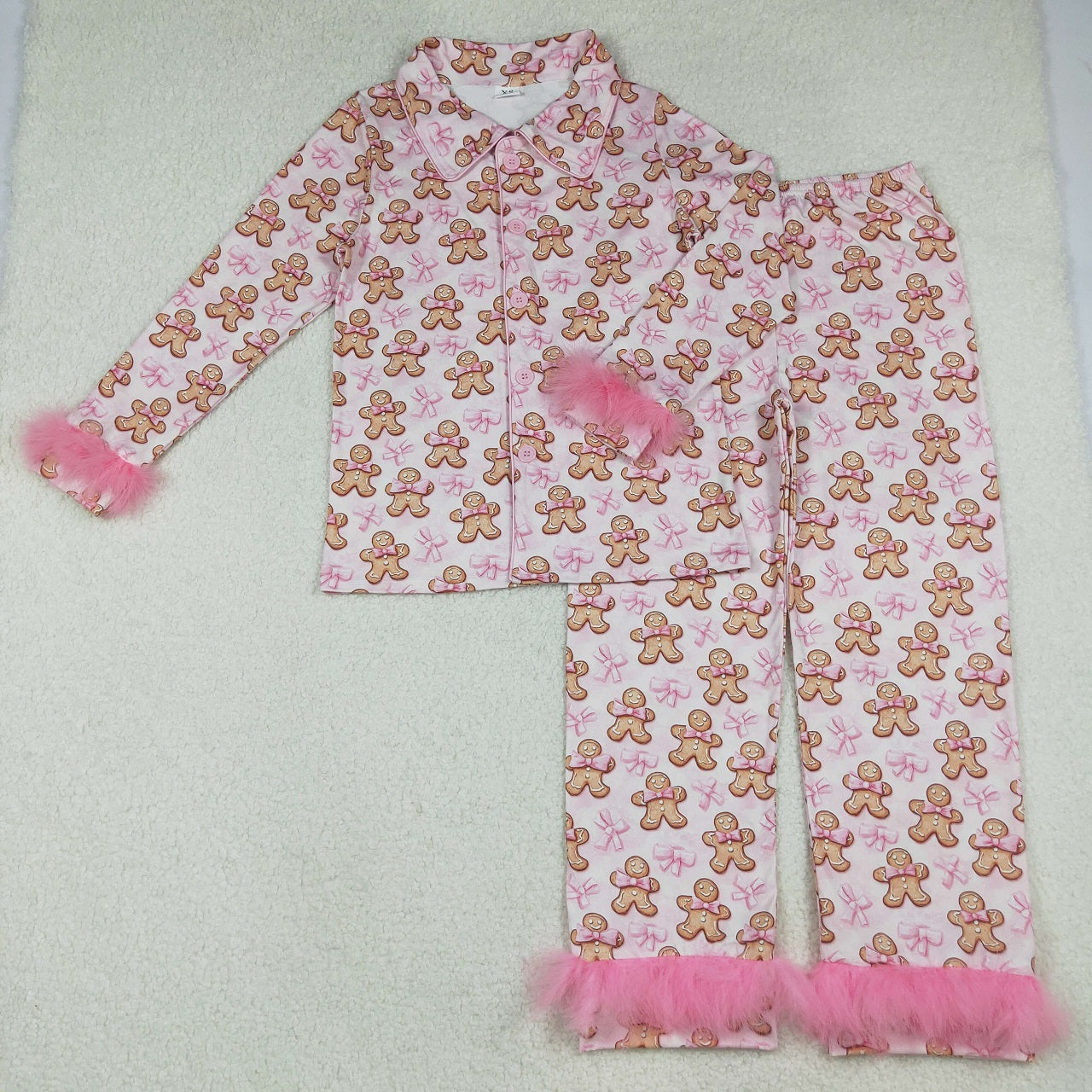 Sibling Girls Kids Adult Women Pink Fur Bows Gingerbread Buttons Shirt Pants Pajamas Christmas Set RTS