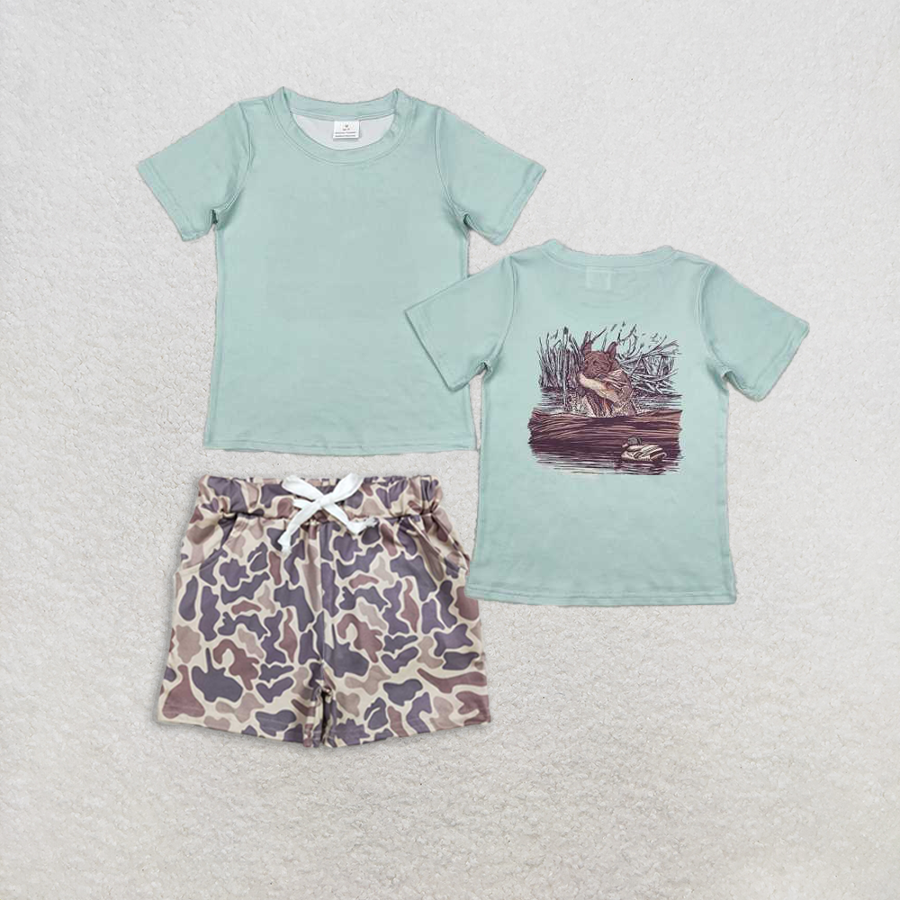 Baby Boy Green Short Sleeves Ducks Shirt Camo Pockets Shorts Set RTS