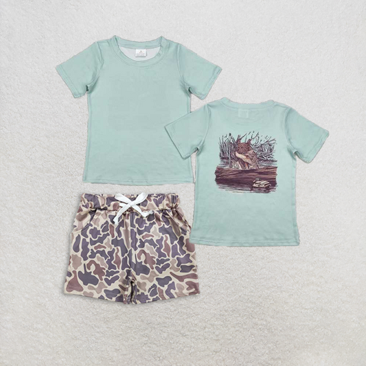 Baby Boy Green Short Sleeves Ducks Shirt Camo Pockets Shorts Set RTS