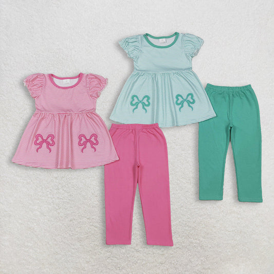 Sibling Baby Girls Short Sleeves Stripes Bows Embroidery Tunic Pants Clothes Sets RTS