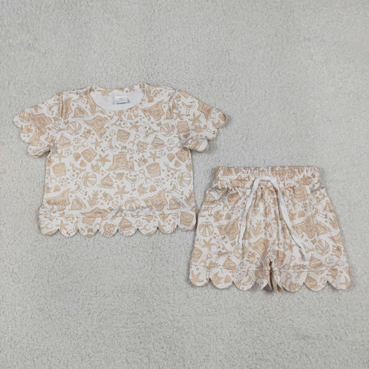 Baby Girls Kids Short Sleeves Beach Shirt Scallop Shorts Set Clothes RTS