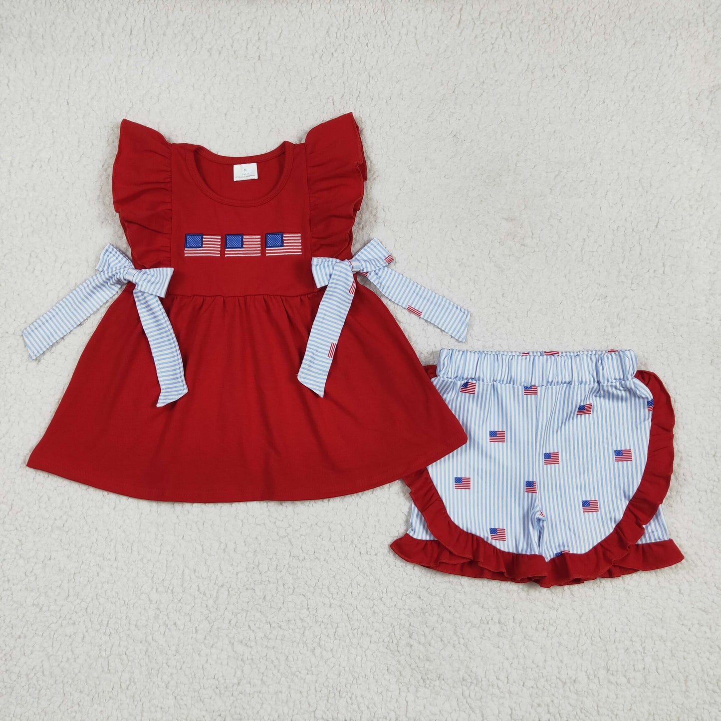 Baby Girl Embroidery Flags Bows Red Tunic Stripes Ruffle Short 4th Of July Set RTS