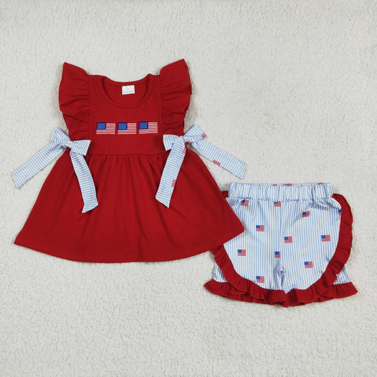Baby Girl Embroidery Flags Bows Red Tunic Stripes Ruffle Short 4th Of July Set RTS