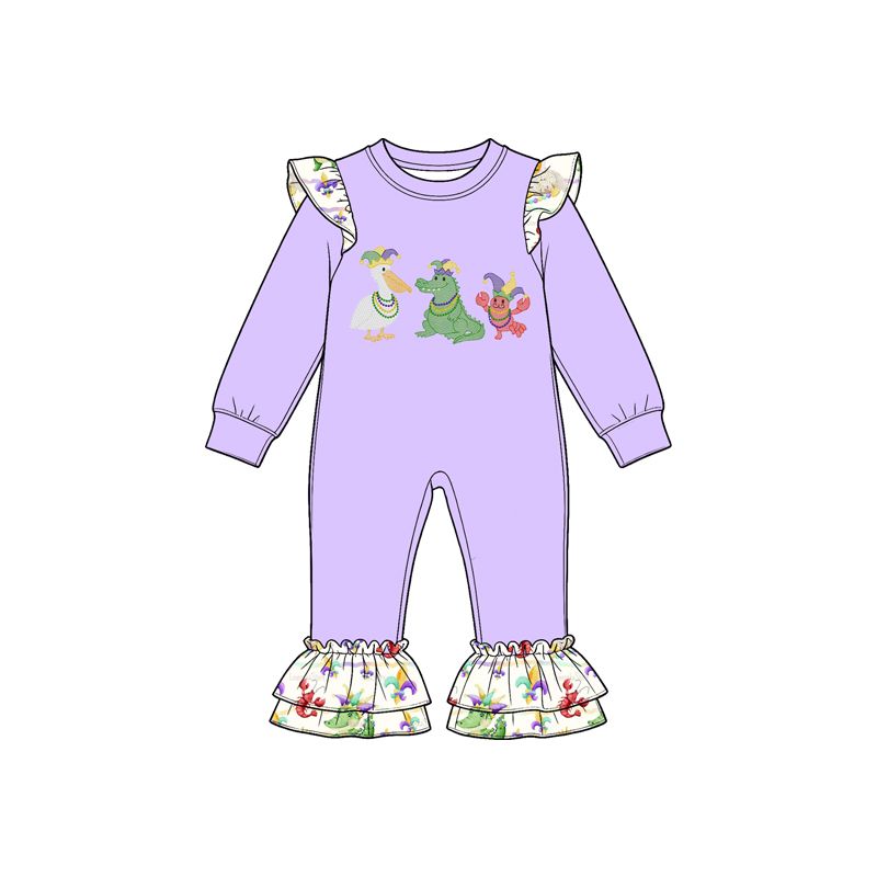 ( Moq 5 ) Preorder Baby Toddler Kids Long Sleeves Mardi Gras Ruffle Romper Purple Clothes
