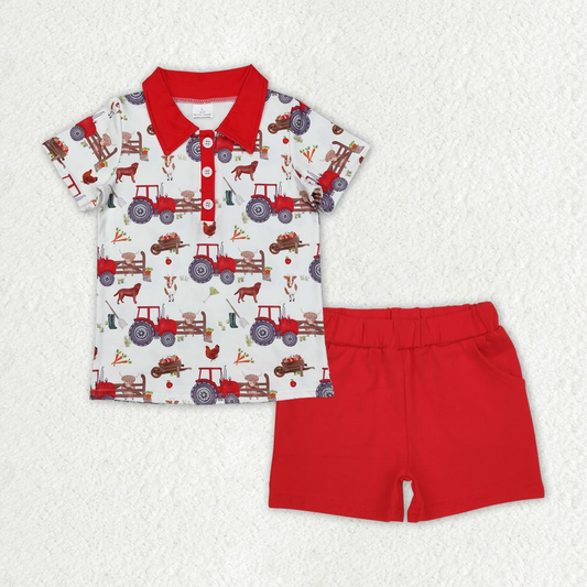 Baby Boy Short Sleeves Farm Trucks Buttons Shirt Red Pockets Cotton Shorts Set