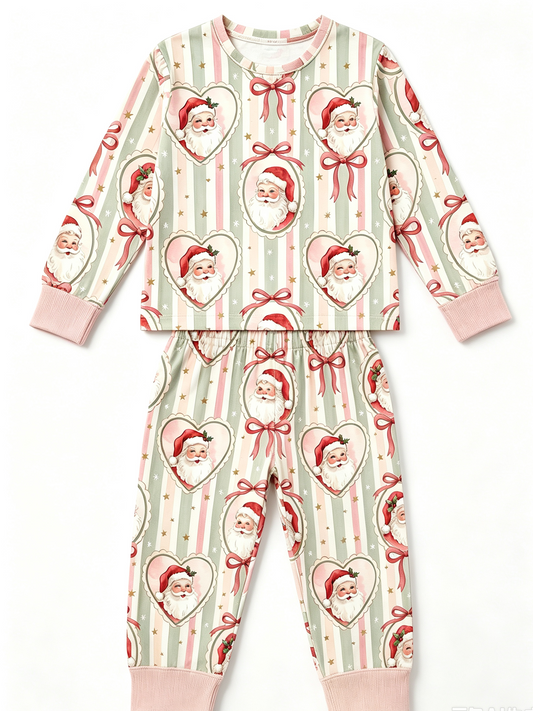 ( Moq 5 ) Custom Baby Girls Kids Santa Bows Stripes Shirt Pants Set Christmas Pajamas Clothes
