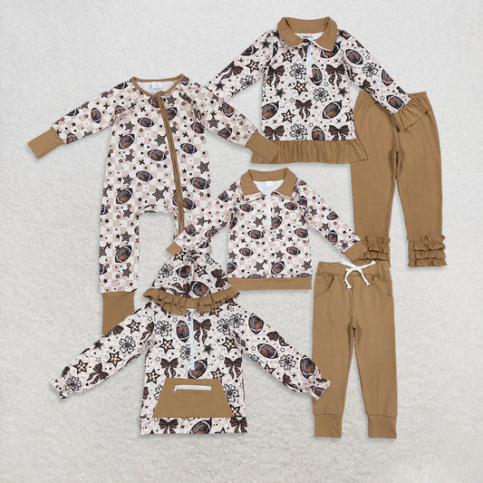 Sibling Boys Girls Kids Long Sleeves Flower Bows Football Zipper Romper Shirt Set RTS