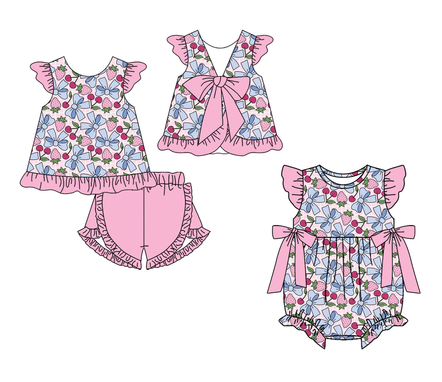 ( Moq 5 Each Style ) Sibling Baby Girls Kids Strawberry Bows Romper Set Summer Clothes
