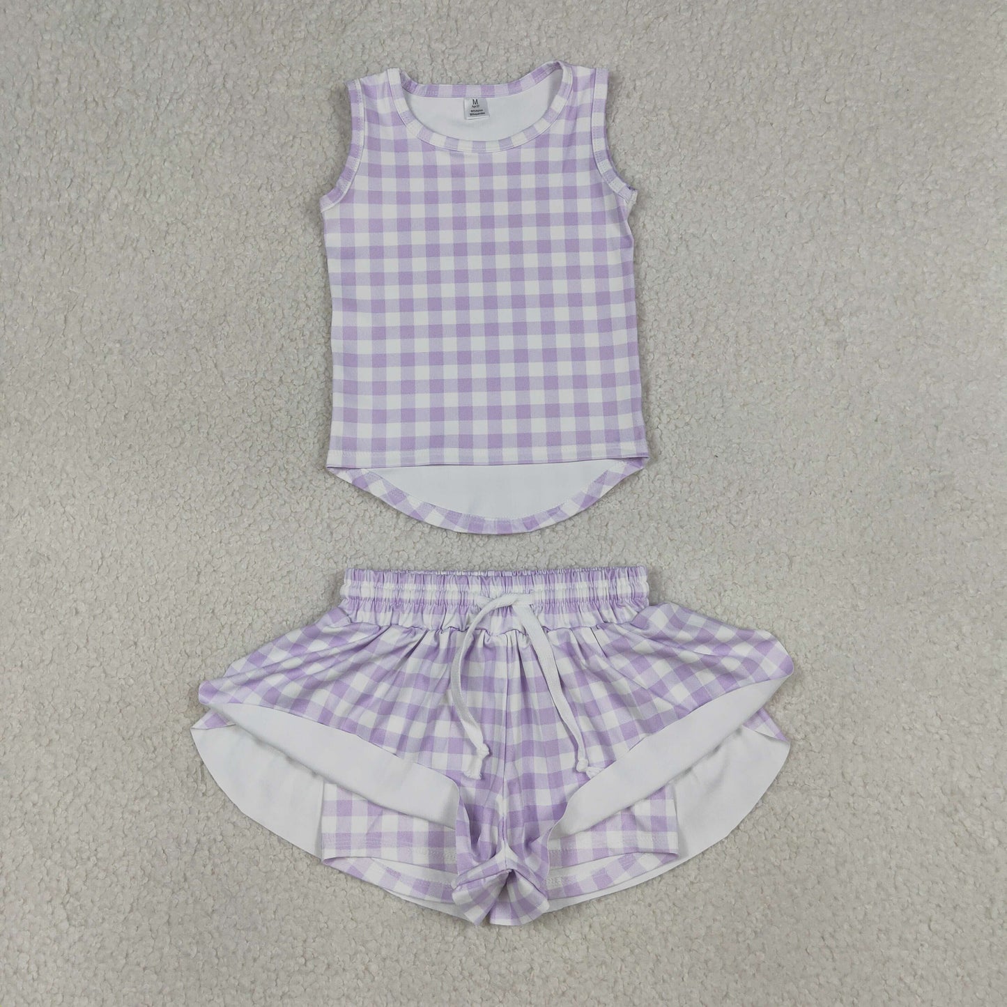 Baby Girls Kids Sleeveless Lavender Plaid Tops Shorts Set Yoga Clothes RTS