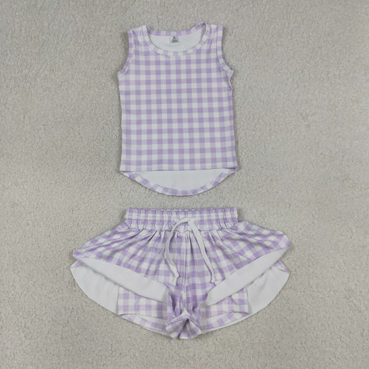 Baby Girls Kids Sleeveless Lavender Plaid Tops Shorts Set Yoga Clothes RTS