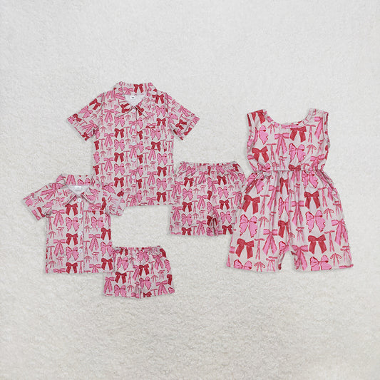 Baby Girl Adult Mommy and Me Pink Bows Pocket Lapel Buttons Shirt Shorts Sibling Pajamas Set