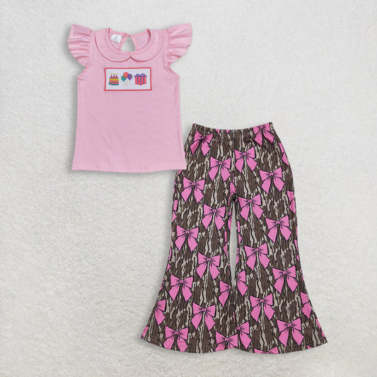 Baby Girl Kids Short Sleeves Embroidery Shirt Bows Camo Pants Birthday Set Clothes RTS