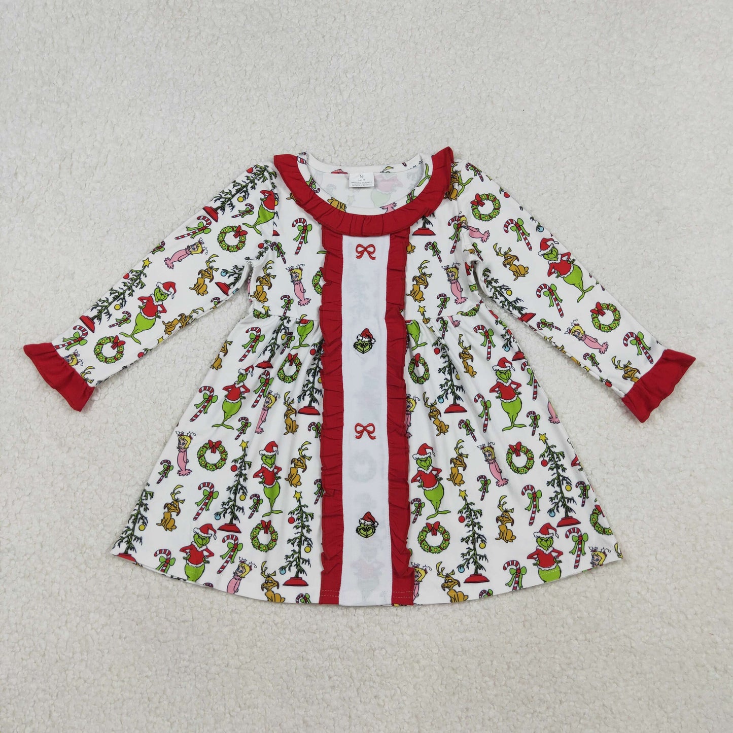 Girls Kids Long Sleeves Embroidery Green Face Bows Christmas Knee Length Dress RTS