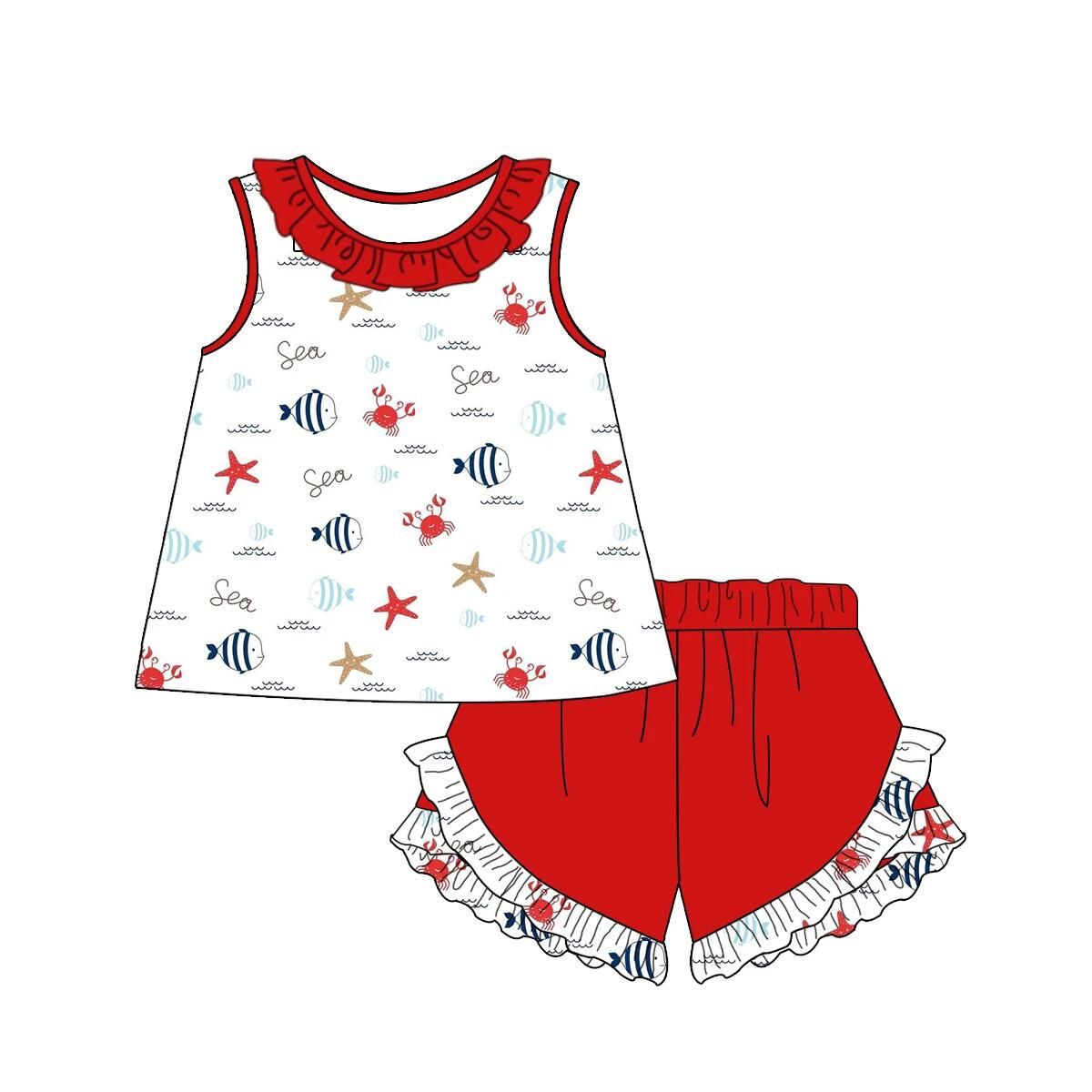 Moq 3 Pre-order GSSO0469 Baby Girl Sleeveless Fish Crab Tops Ruffle Shorts Set