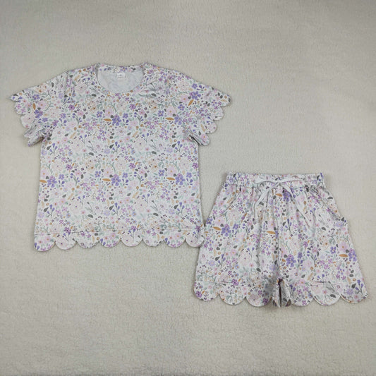 Adult Women Short Sleeves Purple Flower Shirt Shorts Clothes Set RTS