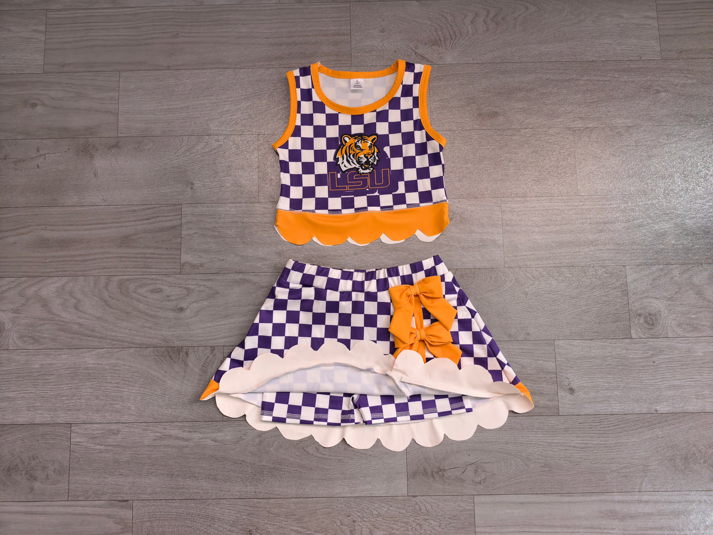 ( No moq ) Preorder Baby Girls Kids Tiger Checked Shirt Scallop Bows Skirt Shorts Team Set Yoga Active Clothes