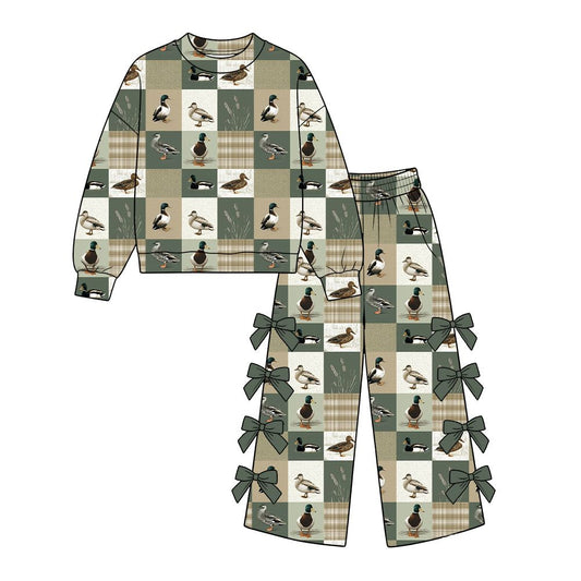 ( Moq 5 ) Preorder Baby Girls Kids Long Sleeves Ducks Plaid Pullover Green Bows Pants Set Clothes