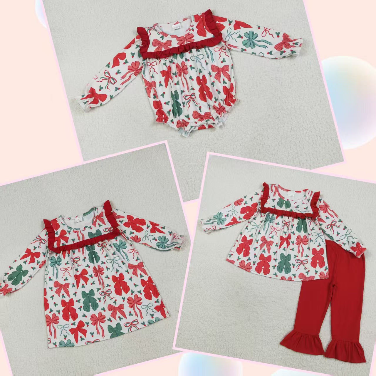 Baby Girl Toddler Long Sleeves Christmas Bows Sibling Red Ruffle Romper Dress Set RTS