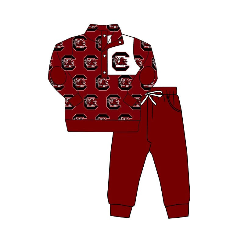 Baby Boy Long Sleeves Team Pullover Shirt Dark Red Pants Fall Clothes Set