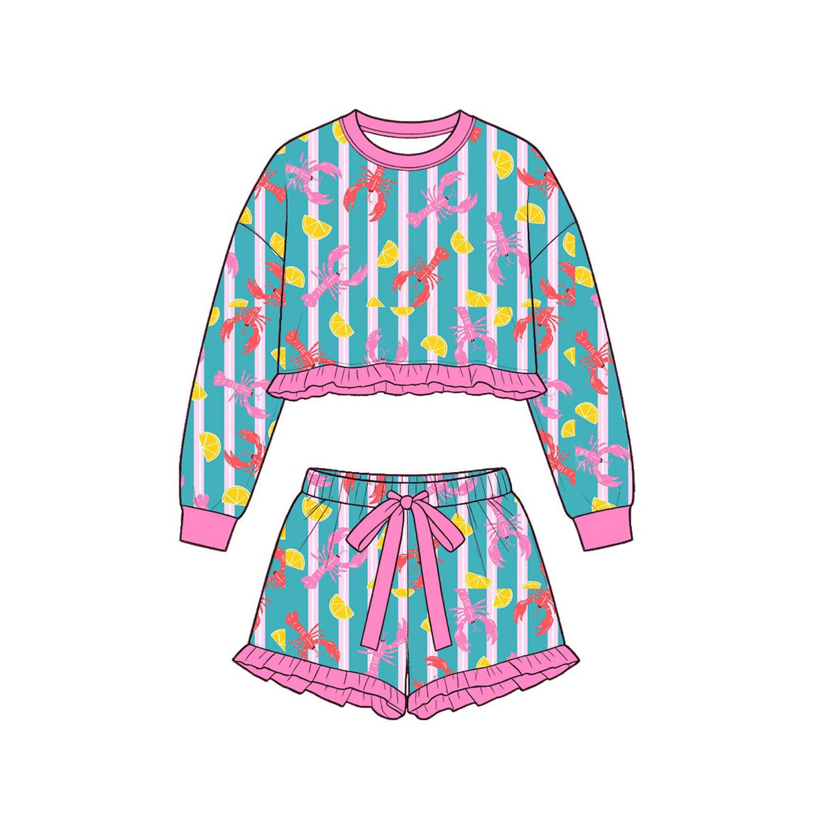 ( Moq 5 ) Preorder Baby Girls Kids Long Sleeves Crayfish Stripes Shirt Shorts Set Clothes