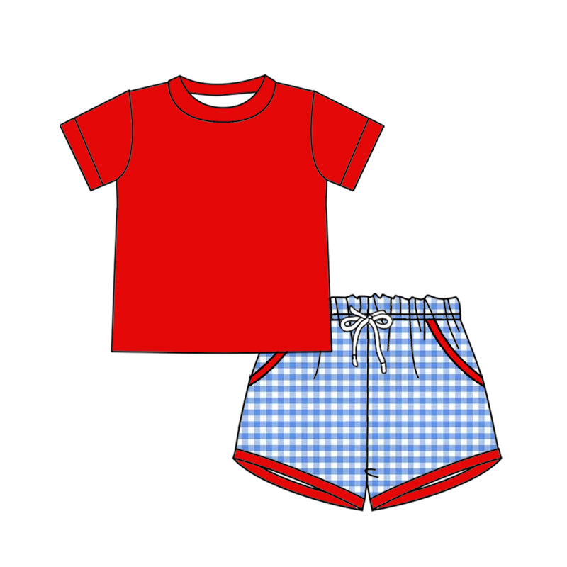( Moq 5 ) Preorder Baby Boys Kids Red Shirt Blue Plaid Pockets Shorts 4th of July Set Clothes